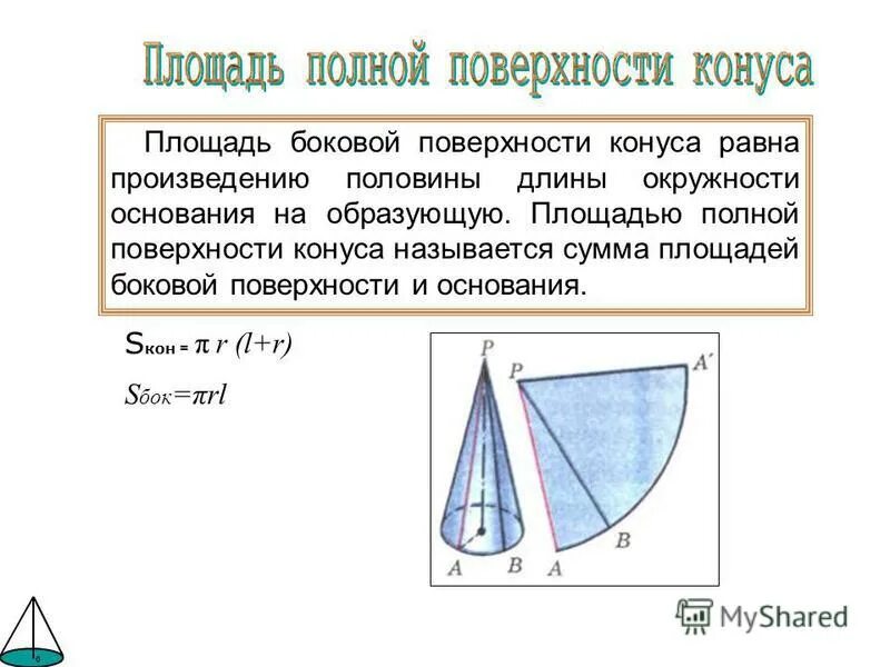 Площадь боковой поверхности конуса равна. Площадь полной поверхности конуса. Площадь боковой поверхности конуса равн. Площадь gjkyjqw поверхности конуса.