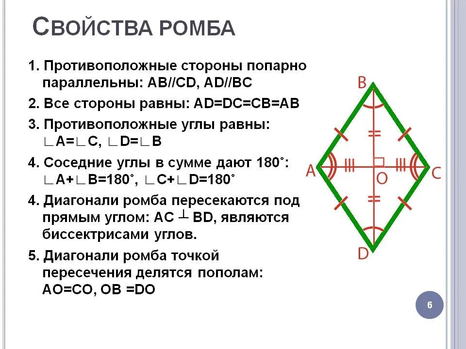 Свойства ромба формулировка и доказательство. Ромб определение свойства признаки. Свойства и признаки ромба 8 класс. Свойства диагоналей ромба 8 класс.