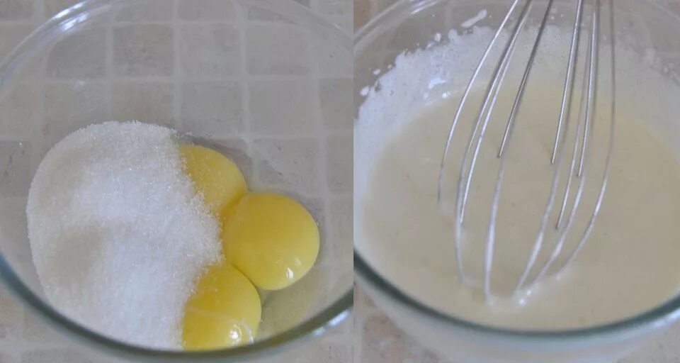 Яйцо 3 столовые ложки сахара. Взбитые желтки с сахаром. Желтки с сахаром добавляем муку. Растереть желтки с сахаром. Добавляем в желтки с сахаром молоко и муку.