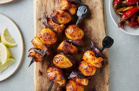 New potato, chicken and red onion skewers recipe.