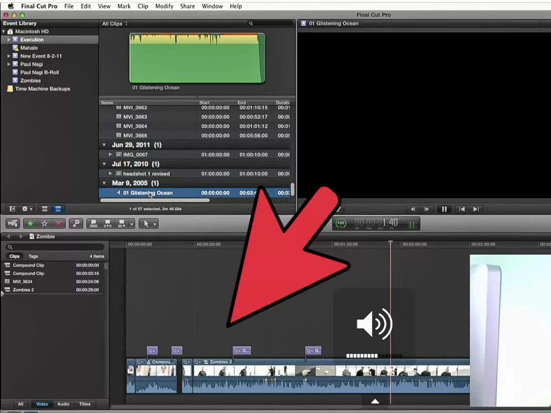 Final Cut Pro. Проект в Final Cut. Шумоподавление в Final Cut. Приглушенный звук в FCPX. Как в cup cut добавить