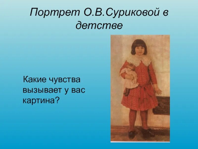 Какие чувства вызвала у ребят эта находка. Портрет Суриковой в детстве. Портрет Оли Суриковой в детстве. Какие чувства вызывают у вас эти картины.