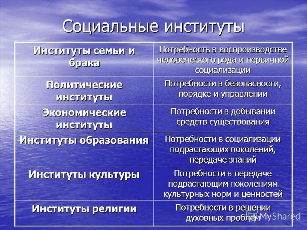 Основные роли социальных институтов