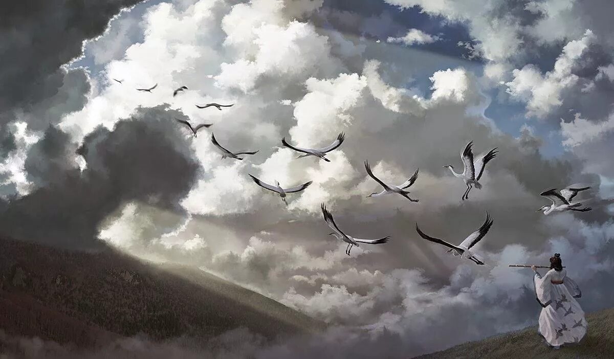 Журавли вдов. Клин журавлей в небе Гамзатов. Птицы в небе. Птицы улетают.
