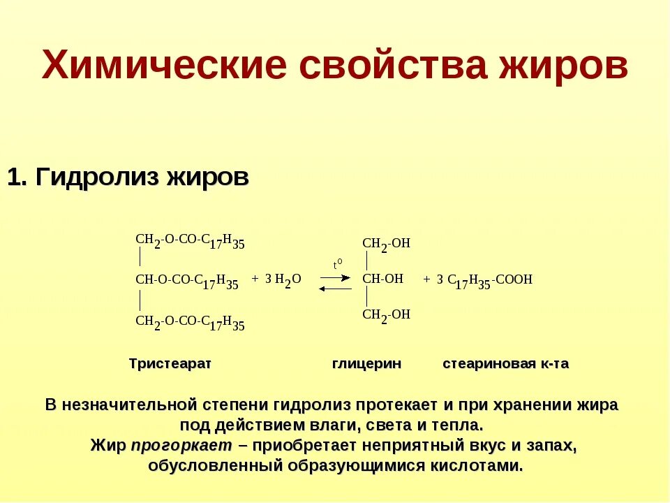 Уравнение реакции гидролиза жиров формула. Тристеарат кислотный гидролиз. Химические свойства жиров в химии гидролиз. Химия. Реакция гидролиза жиров. Жир вода реакция