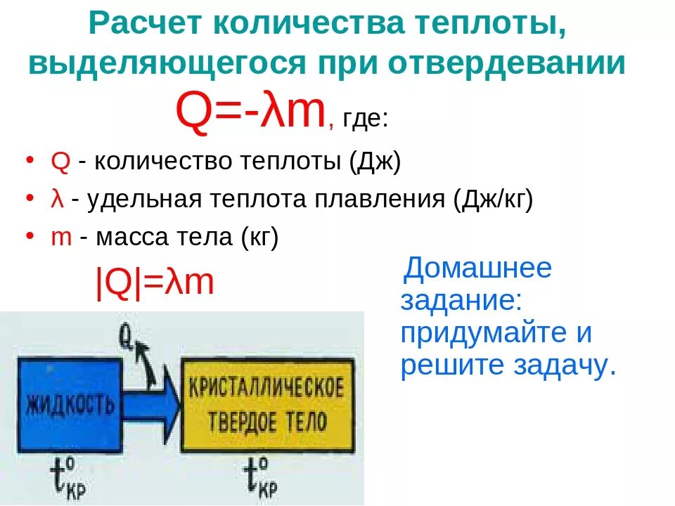 Формула количества теплоты выделяемое. Кристаллизация формула для расчета количества теплоты. формула для вычисления количества теплоты при кристаллизации. формула расчета количества теплоты для плавления. количество теплоты при плавлении отвердевании и кристаллизации.