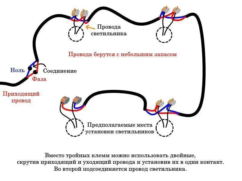 Какой провод для точечных светильников. Разводка проводки под точечные светильники схема. схема подключения потолочных светильников. схема подключения точечных светильников. схема параллельного подключения потолочных светильников.