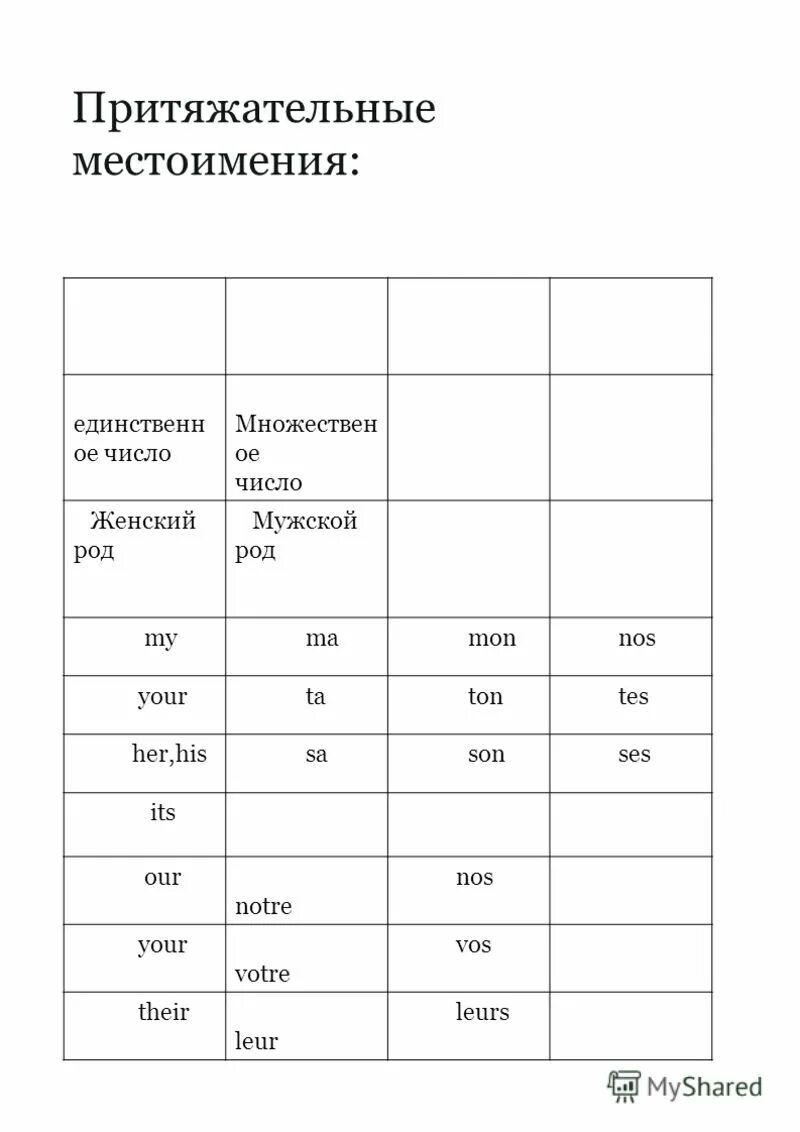 Притяжательные местоимения изменяются по родам и числам