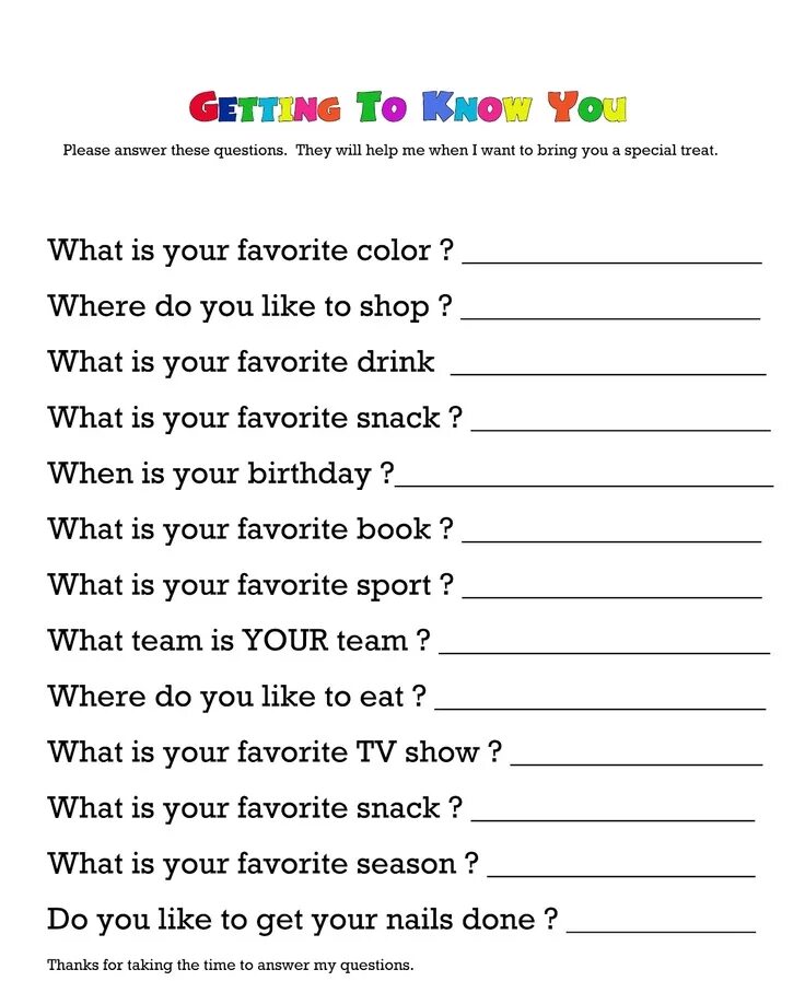 Questions for Kids. Questions about yourself for Kids. Questions for discussion in English for Kids. Questionnaire for Kids.