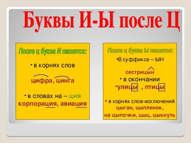 Буквы и ы в суффиксах и окончаниях после ц. И Ы после ц в корне. Буквы ы и после ц в корне суффиксе окончании. Правописание ы/и после ц в корне.