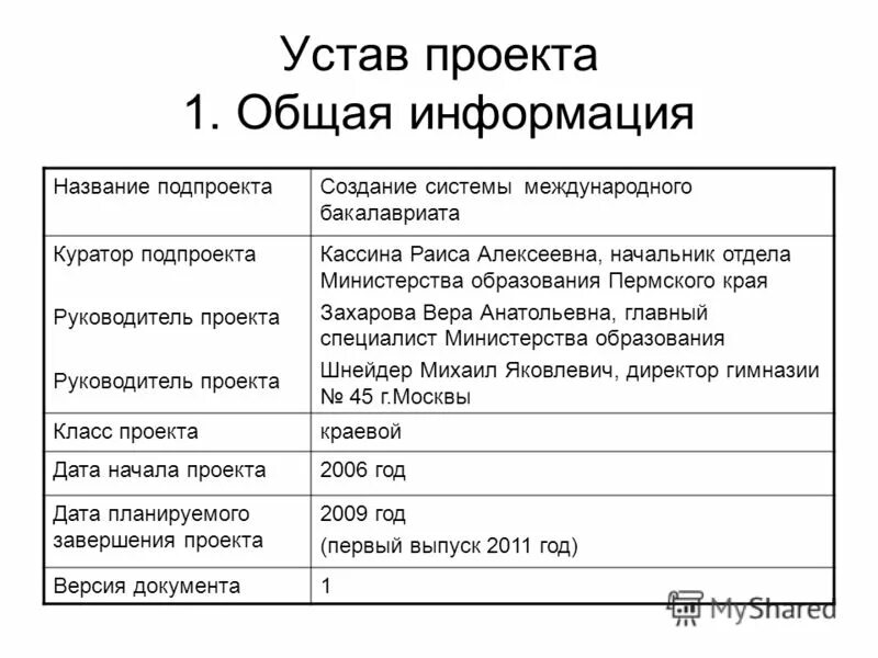 Пример устава проекта