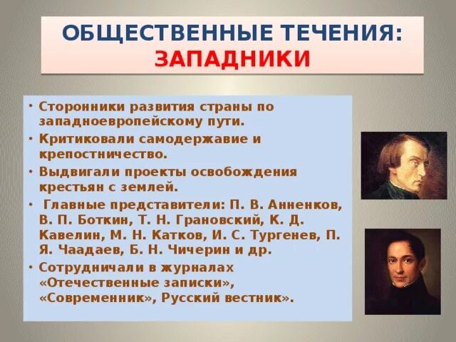 Сторонники западничества. Сторонники западников. Издания западников. Издания славянофилов и западников. Приверженец течения