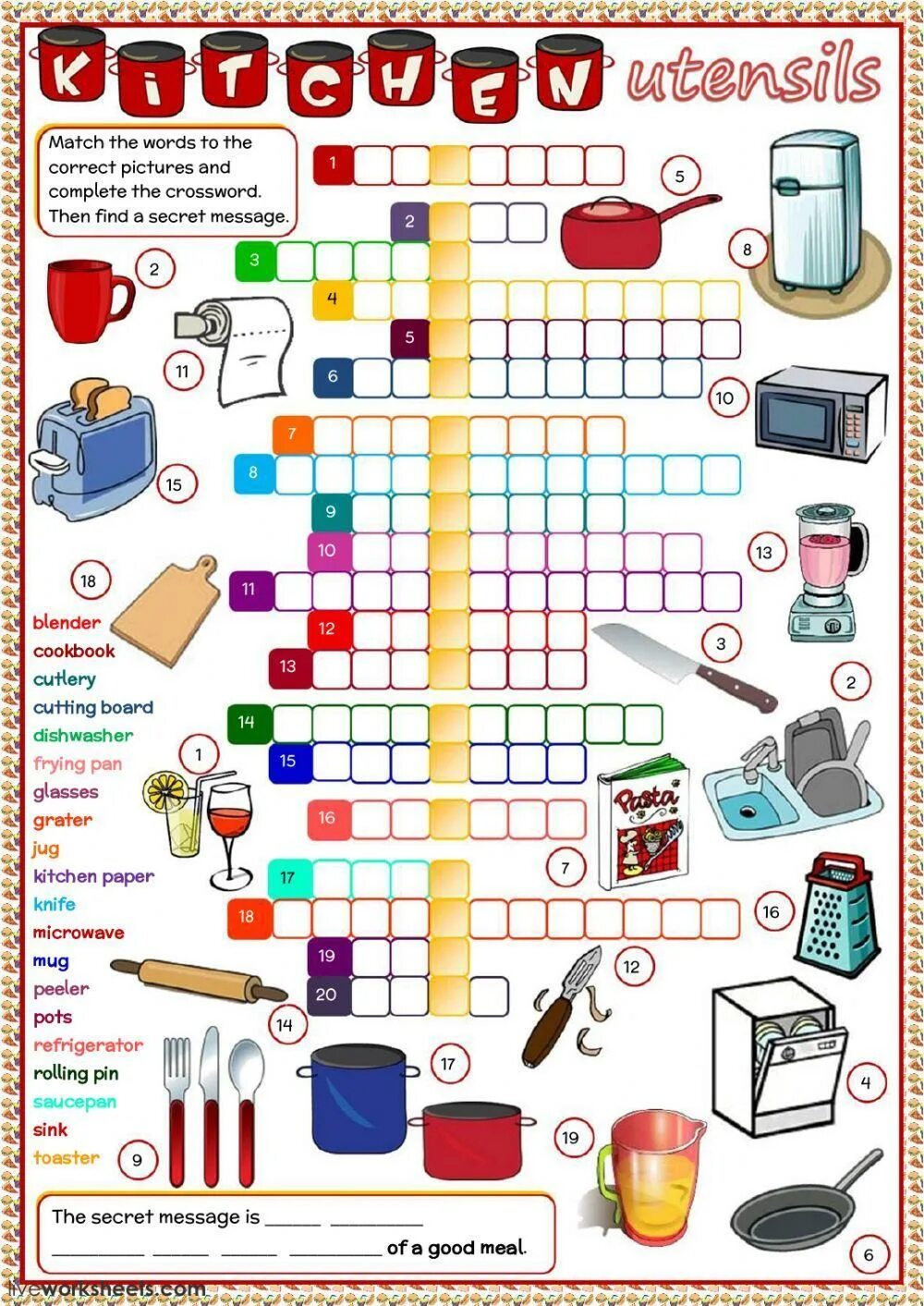 Cooking tasks. Кухонная посуда на английском языке. Кроссворд мебель на английском. Кухонные принадлежности на английском. Упражнения на тему кухня на английском.