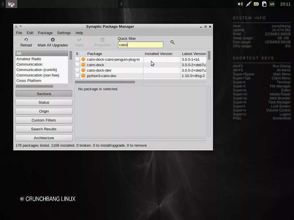 Synaptic package. Crunchbang linux. linux synaptic package manager. synaptic в меню. crunchbangplusplus 11.