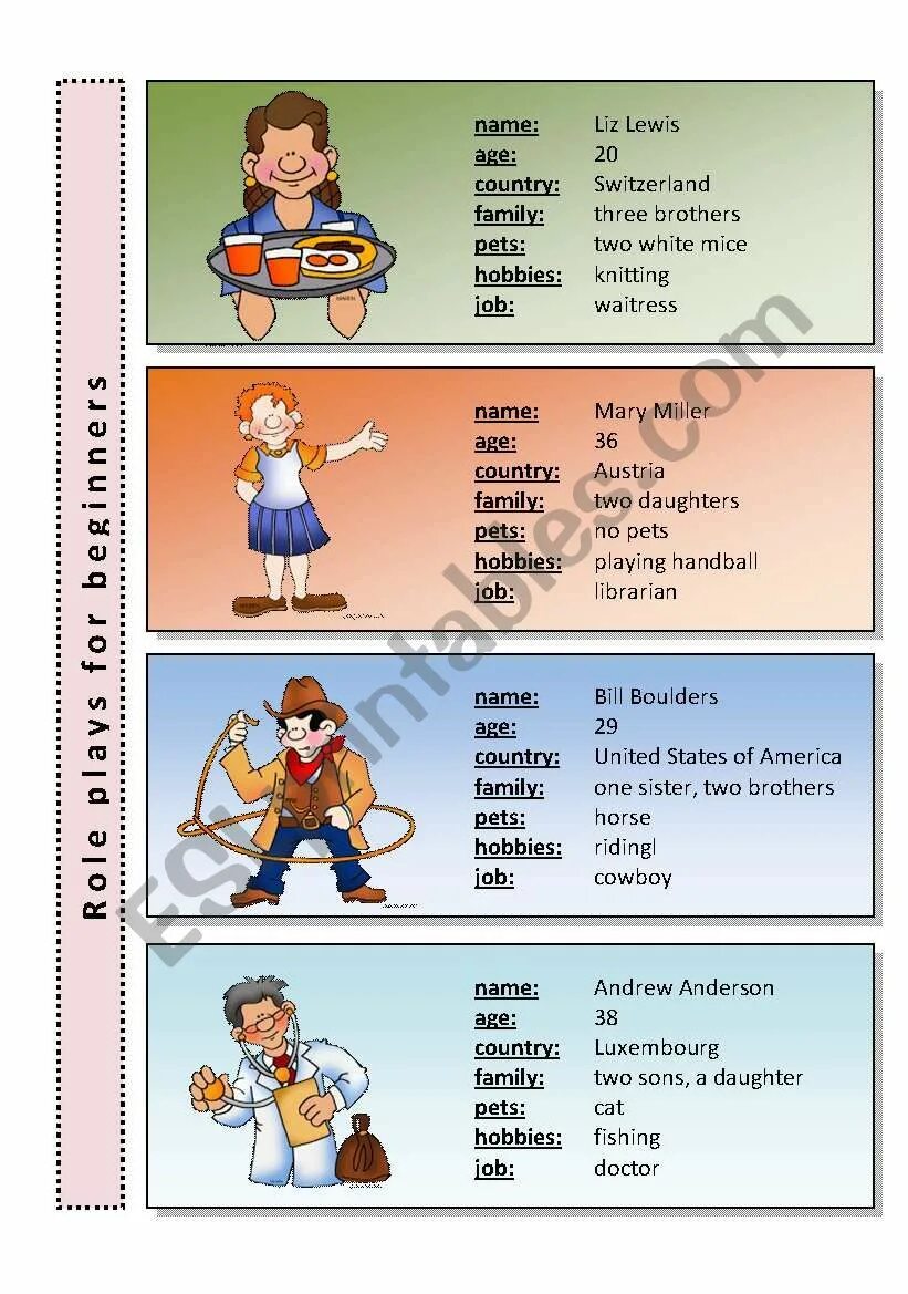 Role Play Cards speaking. Personal information speaking. Role Play English. Personality Cards for Roleplay. Role play dialogue