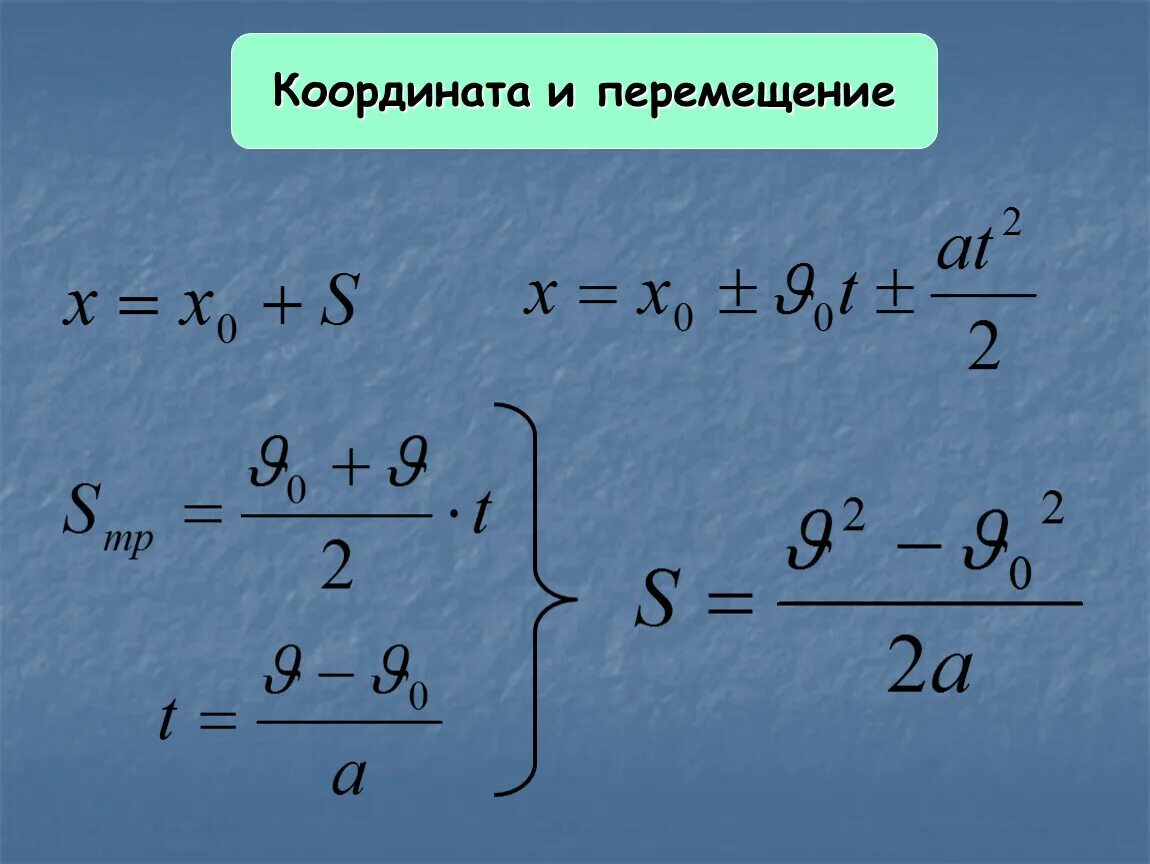 По какой формуле можно определить перемещение. Формула координаты равноускоренного движения. Формулы перемещения при равноускоренном движении физика. Координата равноускоренное движение. Формула перемещения равноускоренного движения.