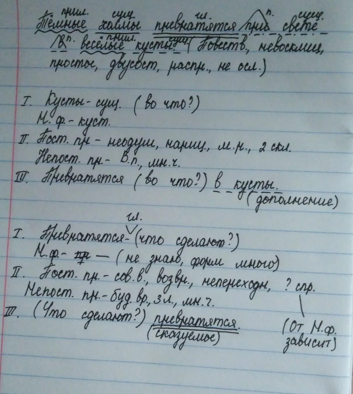 Разбор предложения тёмные холмы превратятся в весёлые кусты. Темным-темно предложение составить.