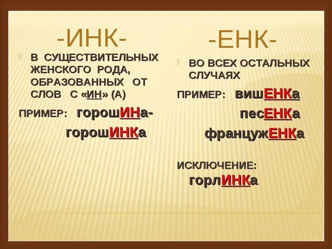 Суффикс ичк в существительных. Слова с суффиксом Инк енк. Суффикс Инк в существительных. Енк Инк в суффиксах существительных. Сочетания Инк енк.