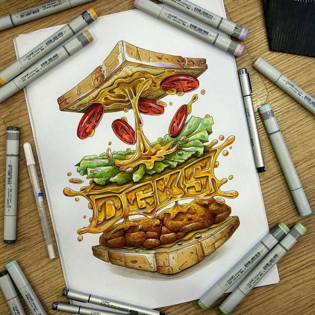 Еда маркерами. Скетчи маркерами. рисование скетчей маркерами. скетчи маркерами еда. гамбургер маркерами.