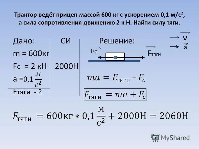 Как найти силу тяги. Сила тяги и сила сопротивления. Сила тяги ускорение. Задачи по физике на сопротивление. 1 6 10 35 м