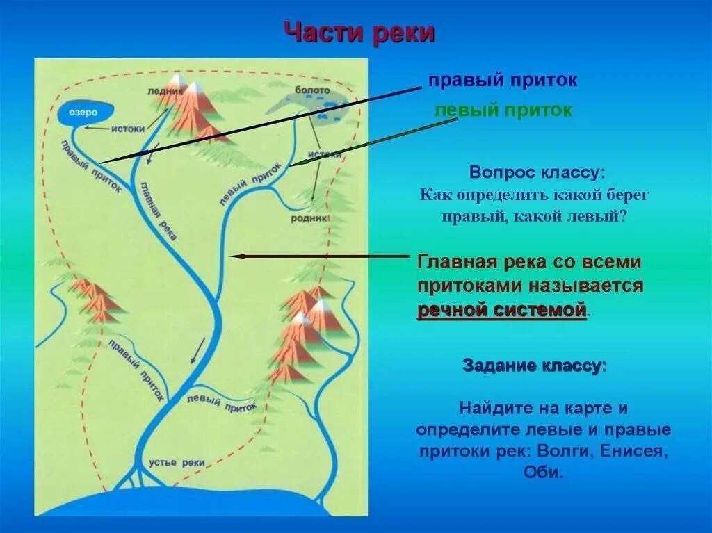Исток реки Устье реки правый берег левый берег. Правый и левый приток. Левый приток реки. Определите части Речной системы