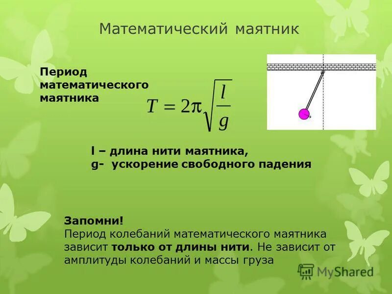 Физика 9 масса презентация. Формула нахождения периода колебаний математического маятника. Период математического маятника формула. Формулы длины нити частоты периода. Период колебания маятника 9 класс физика формула.