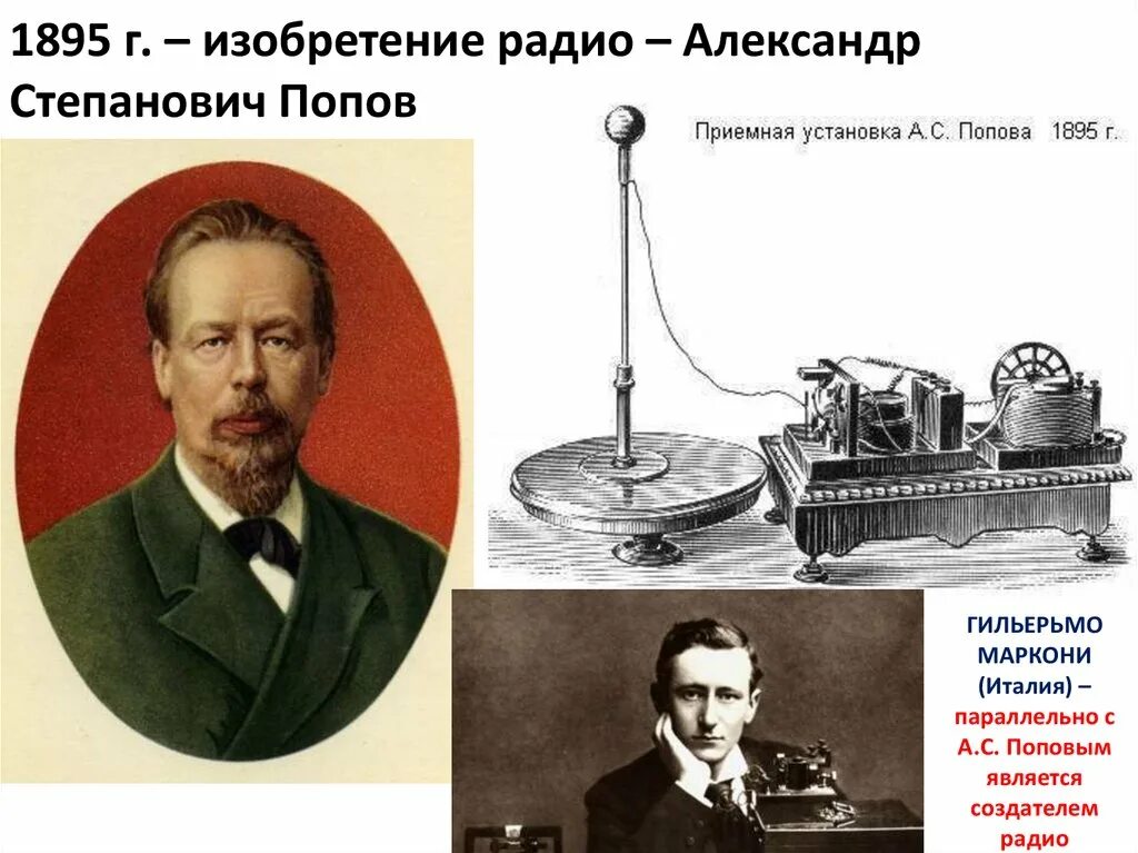 1895 году словами. Радиоприемник Попов Маркони 1895. 1895 Г. – изобретение а. с. Поповым радиосвязи..
