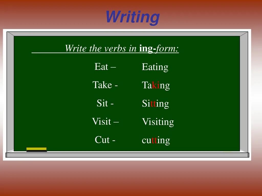 Take took taken write wrote written. Cut ing окончание. write ing. take ing окончание. write добавить ing.