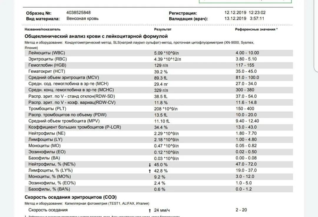 Повышенные сегментоядерные нейтрофилы и повышенные лимфоциты