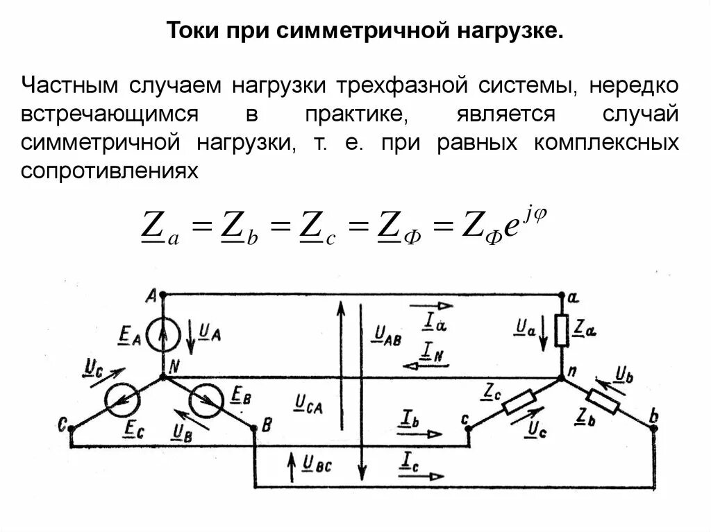 Схему с симметричной трехфазной нагрузкой. Линейный и фазный ток в трехфазной цепи. Соединение звездой в трехфазной цепи. Фазные напряжения приемника.