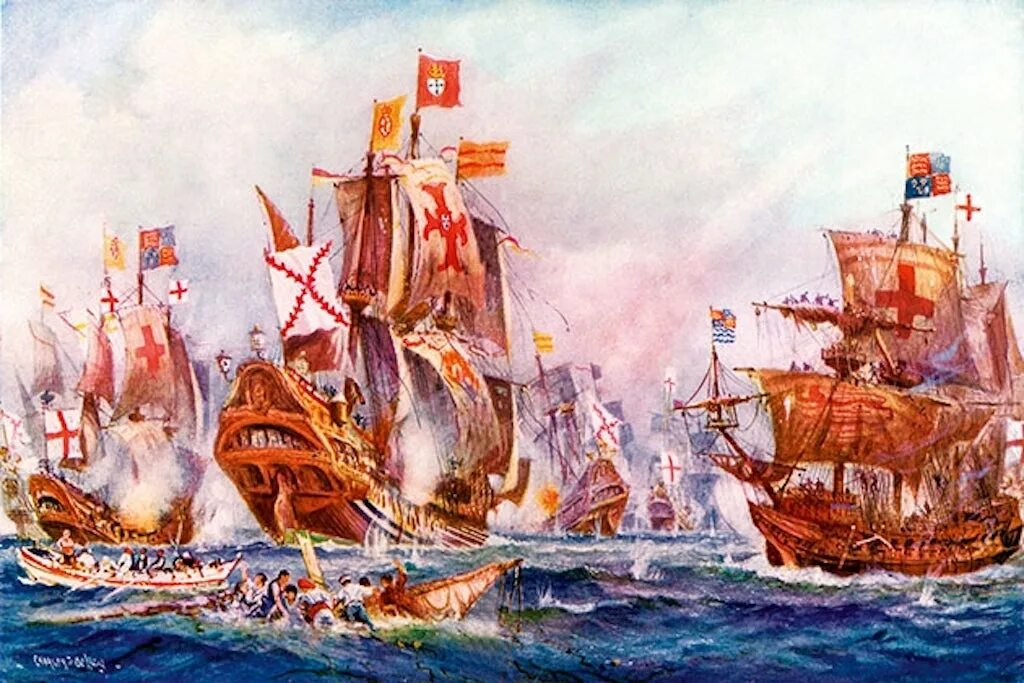 Кто разгромил непобедимую армаду. Испанская Армада 1588 картина. Английская Армада 1589.
