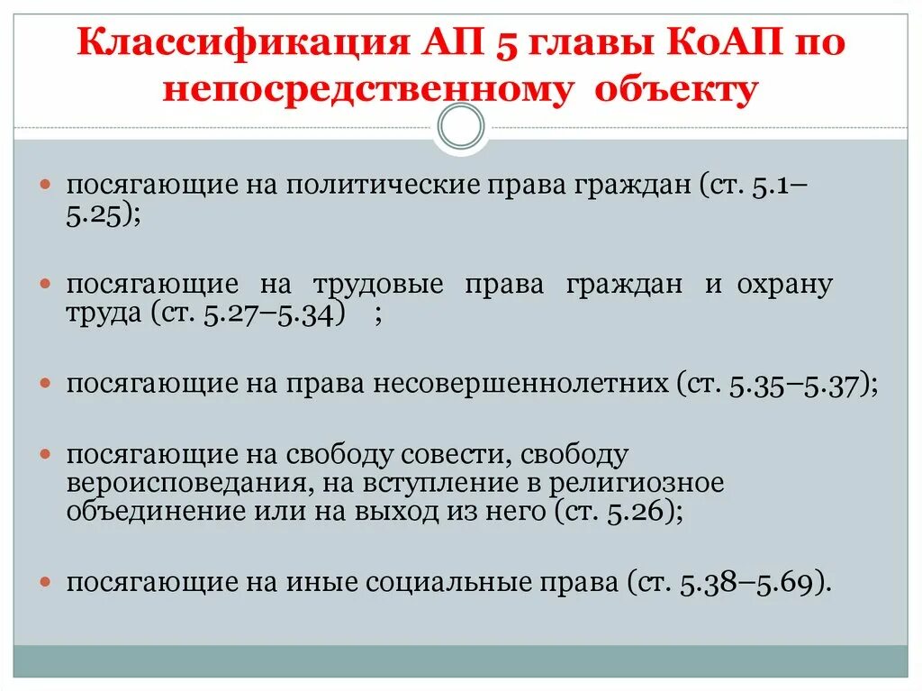 Классификация главы 5 КОАП. Статью 2.7 коап рф