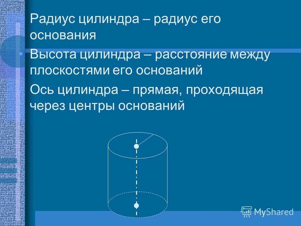 Ось цилиндра параллельна образующим. ___ цилиндра – прямая, проходящая через центры оснований цилиндра. Радиус цилиндра. Ось цилиндра проходит через центры оснований. Образующая ось цилиндра.