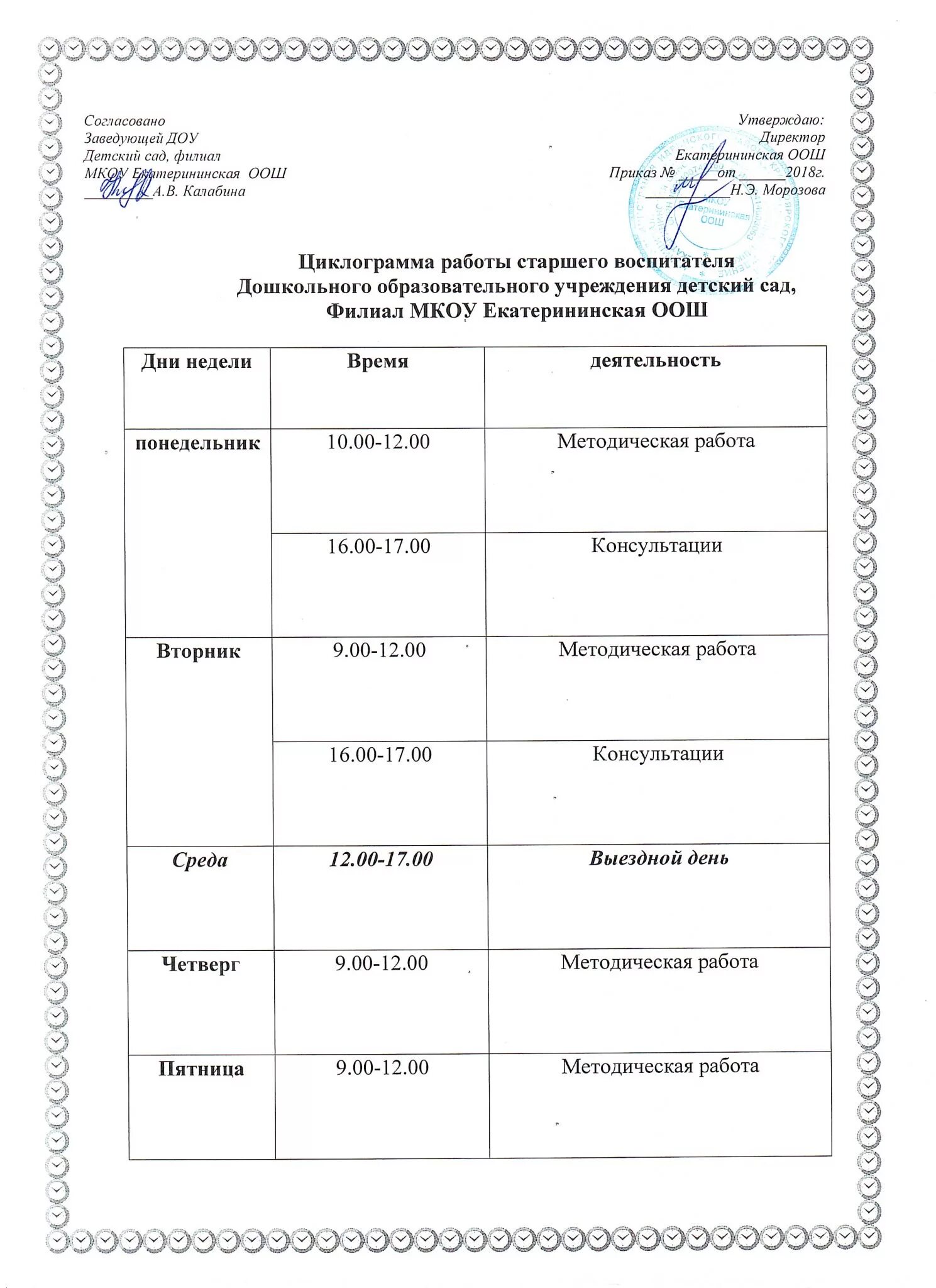 Рабочие дни в садике. График работы старшего воспитателя в детском саду на 1 ставку. График работы старшего воспитателя в детском саду на ставку. График работы педагогов в ДОУ. График воспитателей в детском саду.