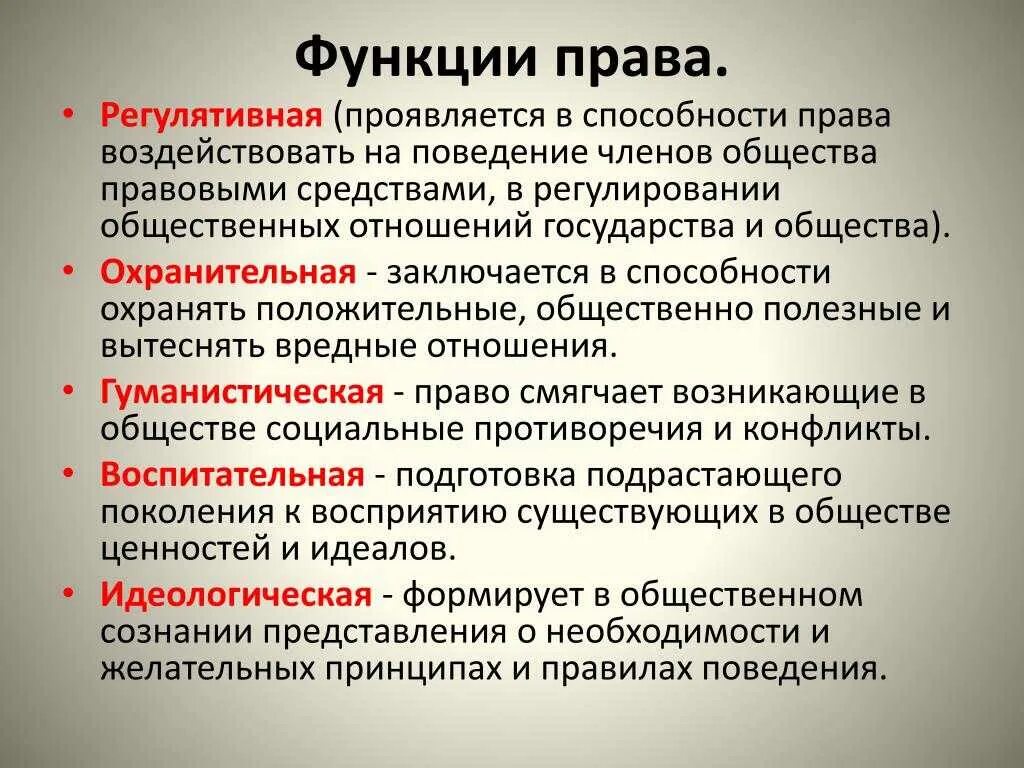 Перечислите функуии право.