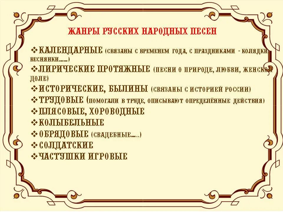 Какой жанр русской народной песни. Русские народные Жанры. Жанры русской народной музыки. Особенности русских народных песен. Жанры народных песен в Музыке.