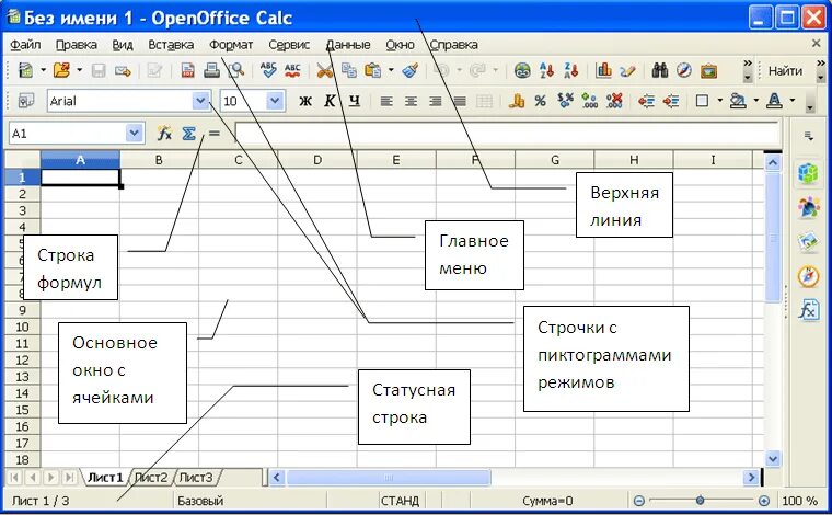 Интерфейс табличного процессора OPENOFFICE Calc. OPENOFFICE Calc таблица. Окно табличного процессора OPENOFFICE Calc. Электронная таблица OPENOFFICE Calc.