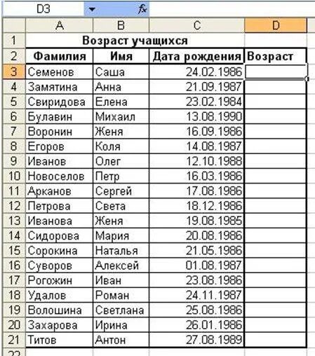 Имена и фамилии учеников. Таблица данных учеников. Таблица с учениками эксель. Возраст в таблице excel. Таблица excel с ФИО И дате рождения.