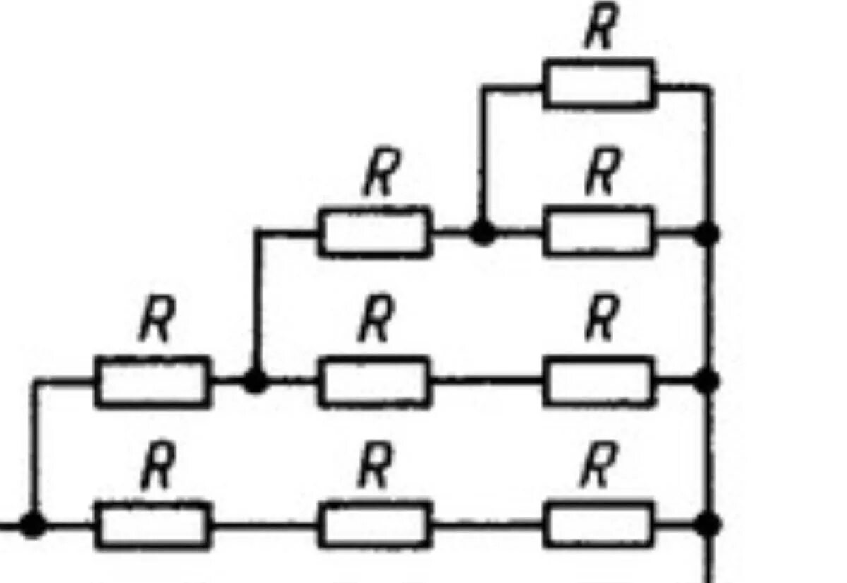 На рисунке изображен ступенчатый реостат. Сопротивление всех резисторов одинаковы и равны 5 ом. Сопротивление всех резисторов в схеме одинаковы и равны 2 Ома. Если сопротивление всех резисторов одинаковы и равны. Найти общее сопротивление цепи изображенной на рисунке.