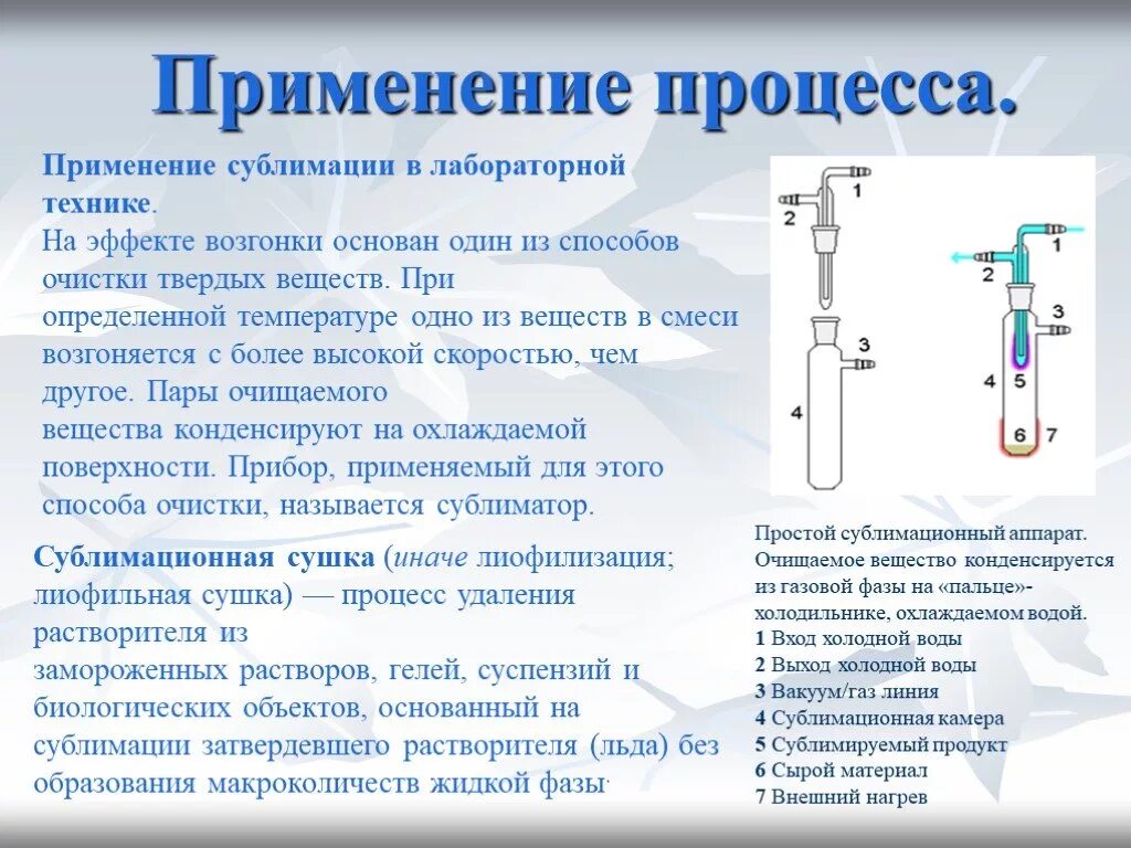 Сублимация физика 10. Возгонка применение. Применение сублимации. Возгонка (сублимация приборы. Сублимация примеры использования.