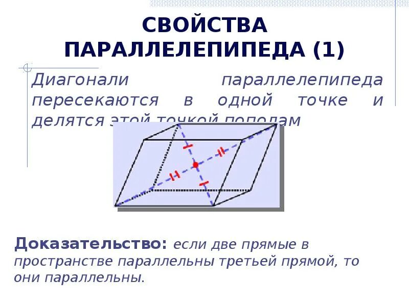 Свойства параллелепипеда с доказательством. Свойства диагоналей параллелепипеда. Свойства прямоугольного параллелепипеда. Диагонали прямоугольного параллелепипеда равны доказательство. Теорема о диагонали прямоугольного параллелепипеда и следствие