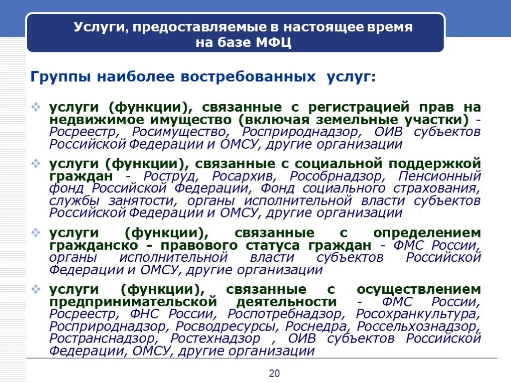 Полномочия в предоставлении государственных услуг. Понятие задачи и функции МФЦ. Система органов исполнительной власти МФЦ. Список предоставляемых услуг. Виды услуг предоставляемых в МФЦ.