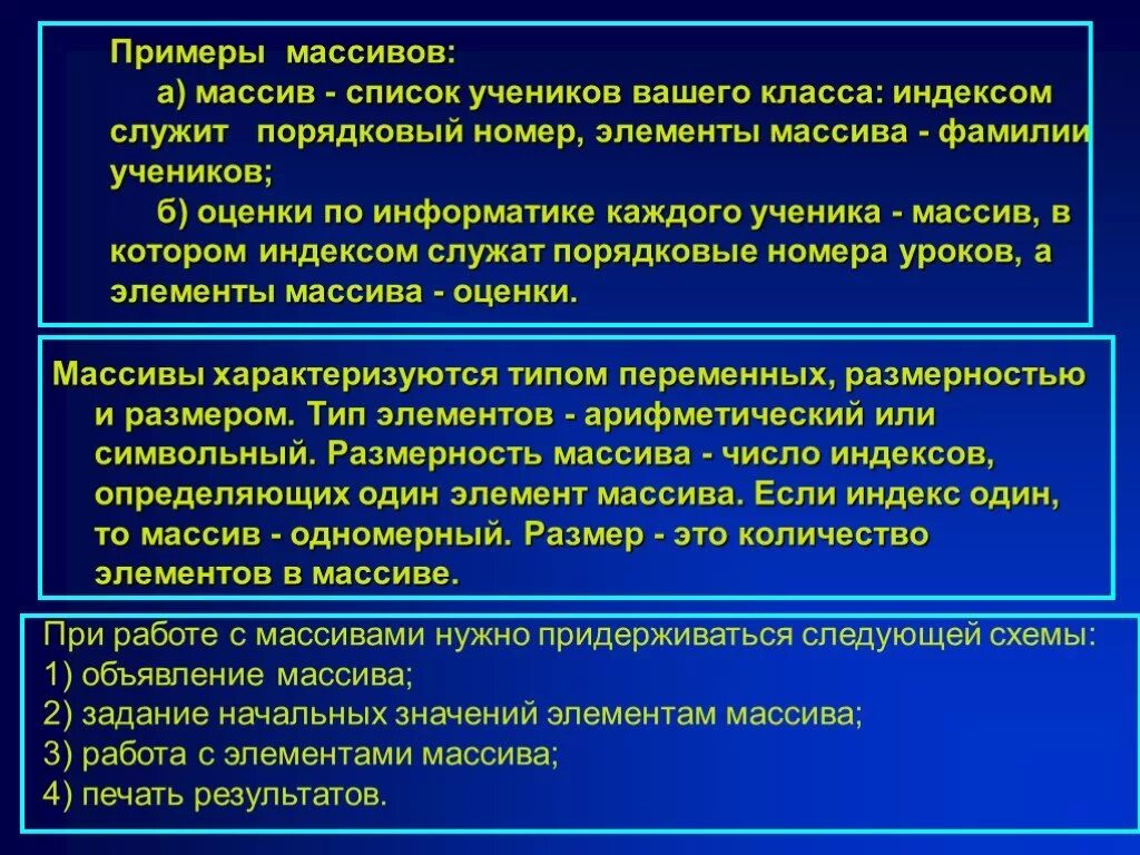 Чем характеризуется массив. Примеры использования массивов. Пример массив оценки. Массив характеризуется …. Понятие массива.