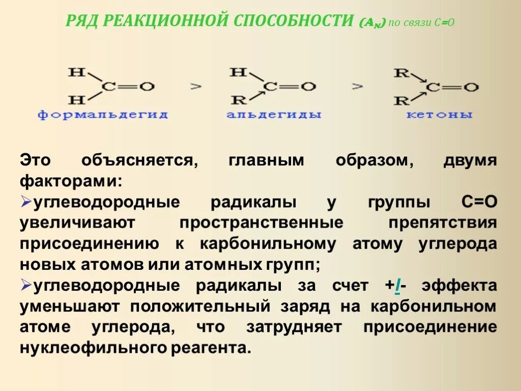 Сравнить реакционную способность. Реакционная способность карбонильной группы. Реакционная способность нуклеофильного присоединения. Присоединение по карбонильной группе. Реакционная способность карбонильных соединений.