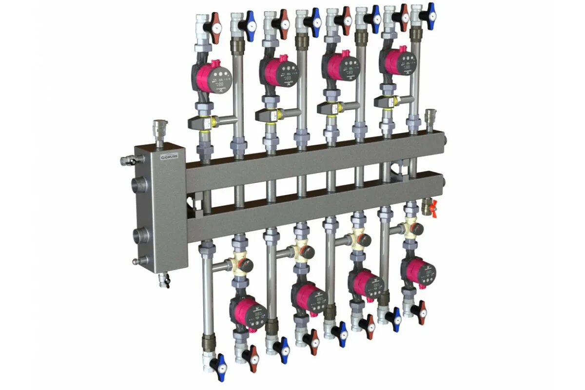 Конструкция коллекторов. Балансировочный коллектор BM-150-5du (до 150 КВТ, на 5 контуров). BMSS-100-7du балансировочный коллектор. Коллектор отопления распределительный 1 1/2". Распределительная гребенка Гидрус на 3 насосные группы.