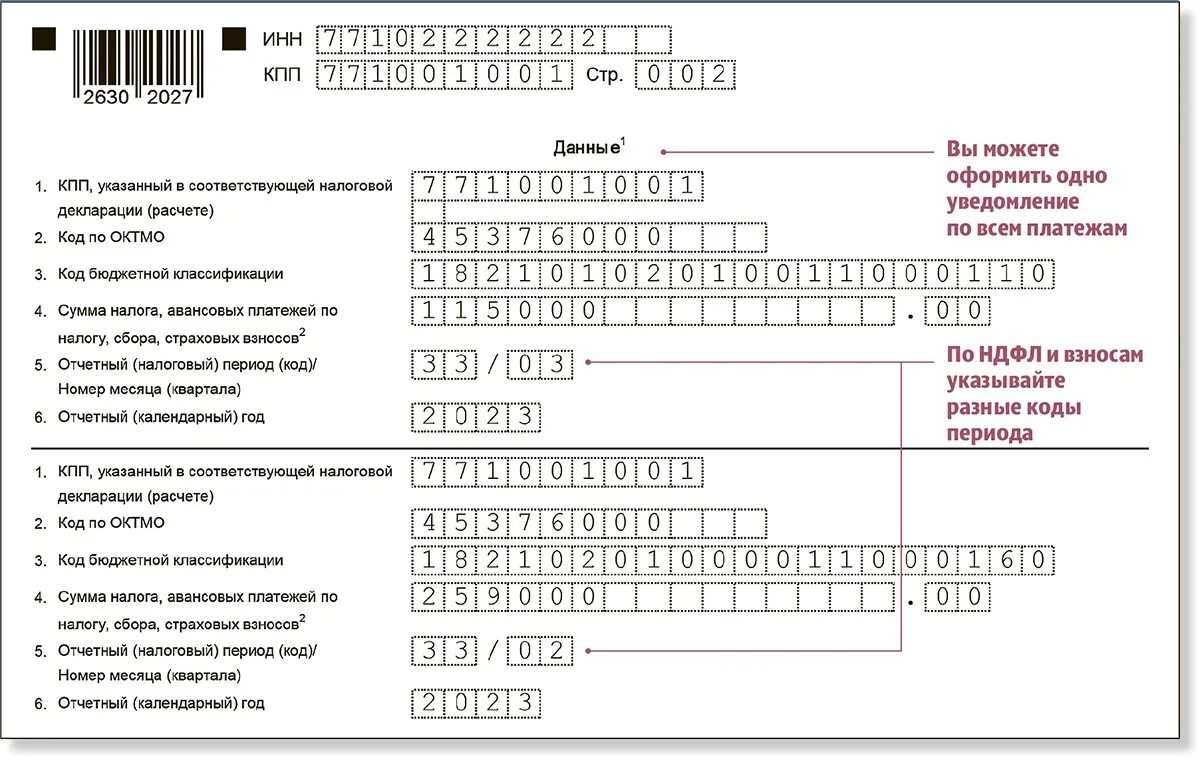 Коды взносов в уведомлении в 2024 году