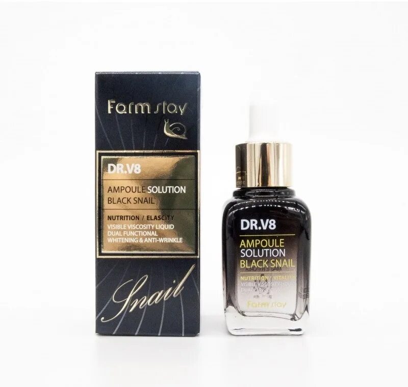 Black solution. Ампульная сыворотка - dr.v8 ampoule solution black snail (farmstay). dr v8 сыворотка для лица black snail. farm stay улитка dr.v8 сыворотка для лица.