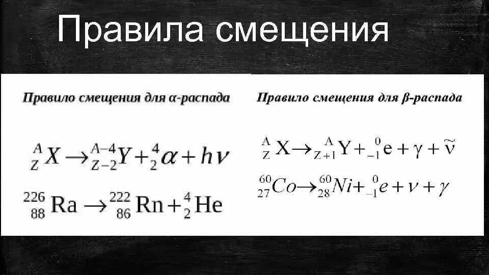 При альфа распаде одного химического элемента образуется. Альфа и бета распад правило смещения. Альфа и бета распад правило смещения. Правило сдвига. Правило смещения для альфа распада формула.