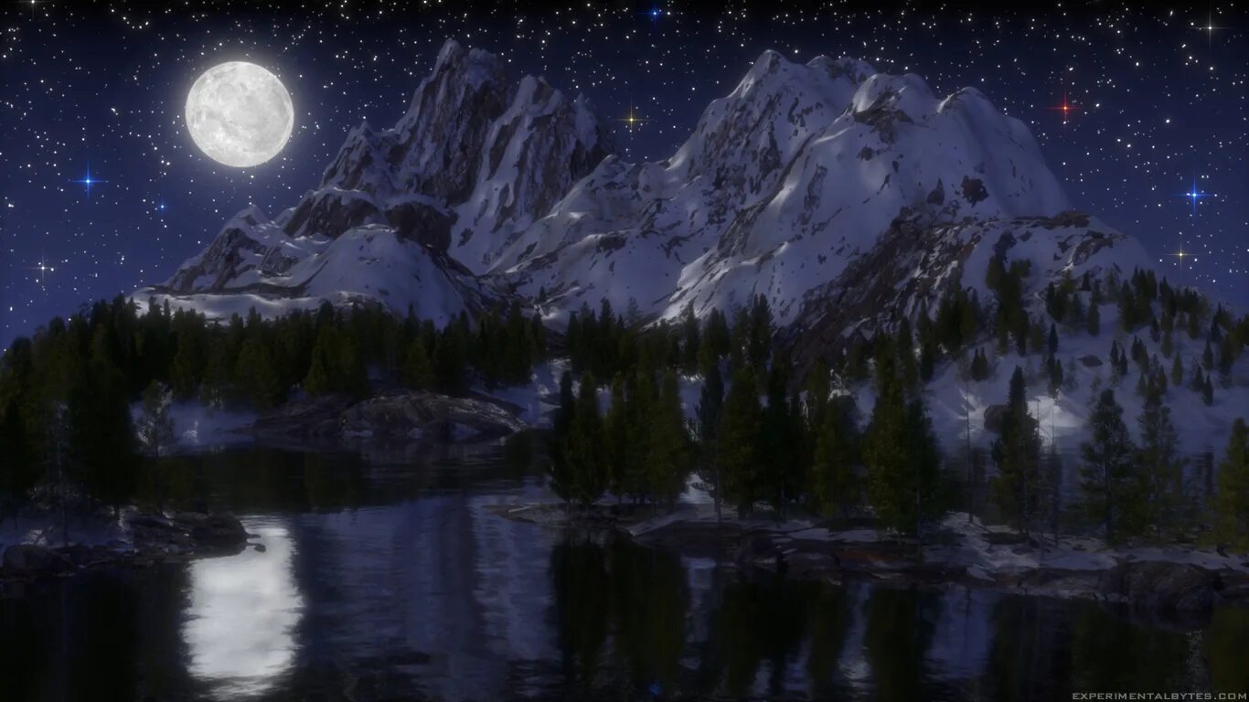 Lonely moon. Пейзаж ночь. Зимний ночной пейзаж. Горное озеро ночью. Тайга ночью.