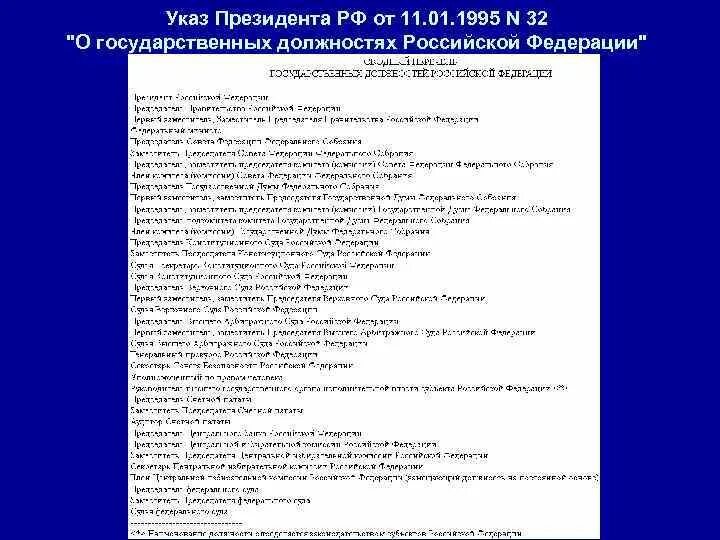 Указ 32 о государственных должностях. Указ президента от 11.01.1995 32 о государственных должностях. протокольное старшинство рф указ президента. протокольное старшинство региона. государственные должности российской федерации указ президента рф 32.